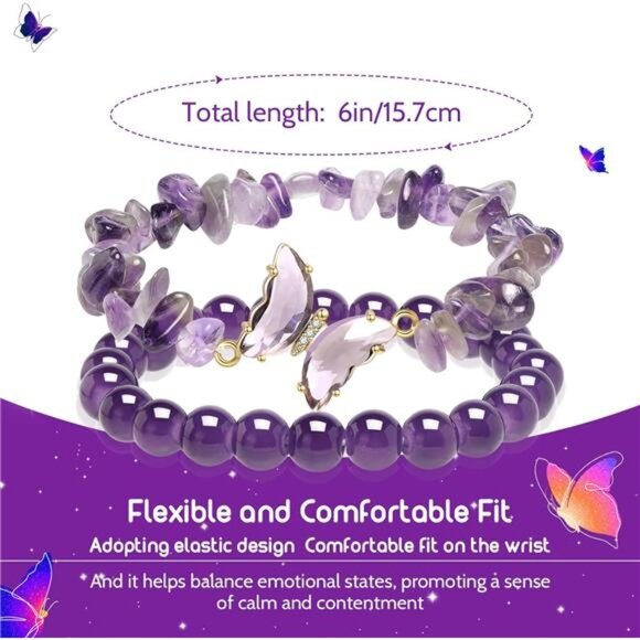 Purple Butterfly Healing Bracelet, Gift Charm Jewelry with Beaded - Picture 2 of 6
